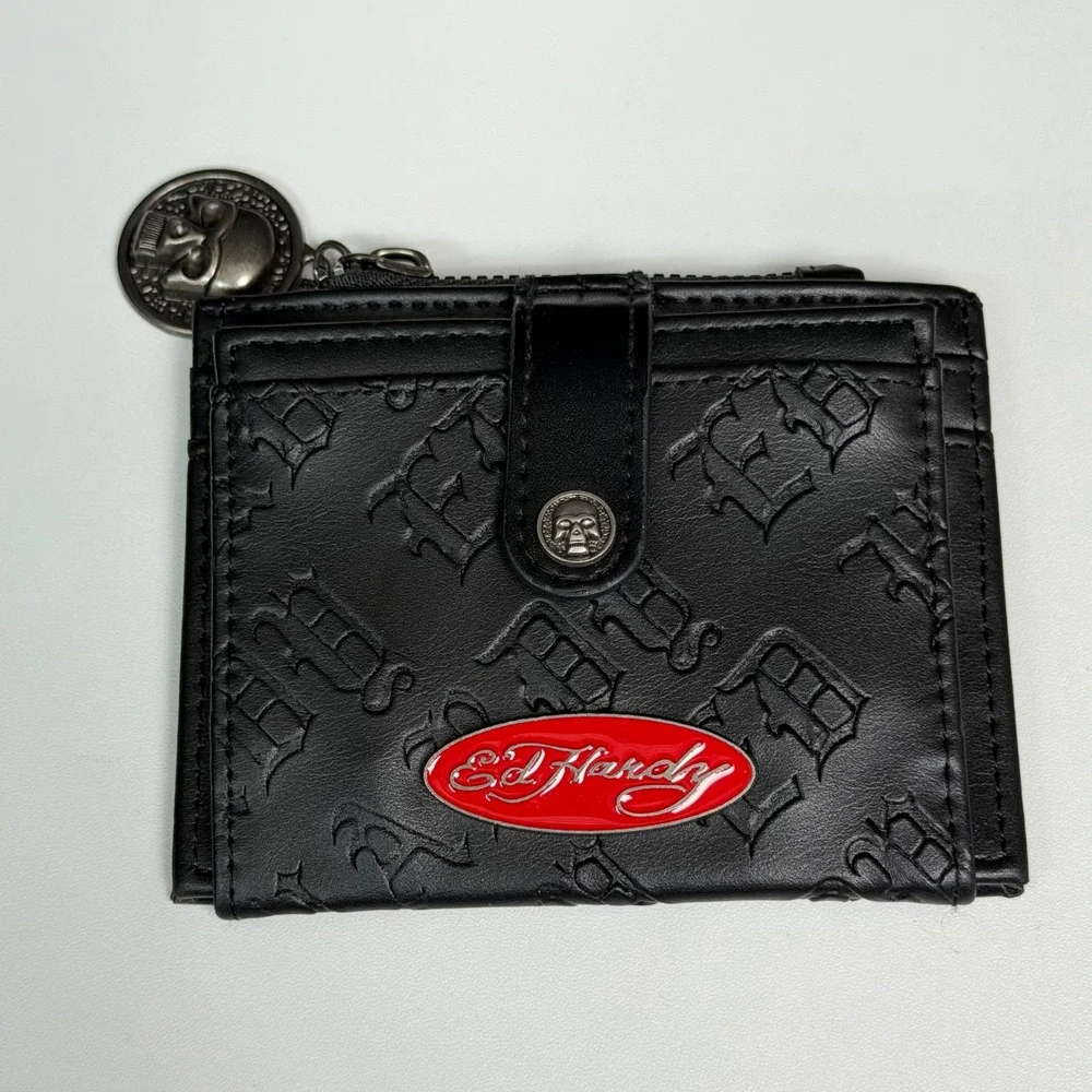 Ed Hardy Black Embossed Monogram Bifold Wallet Skull Zipper Pull ID Window Y2K